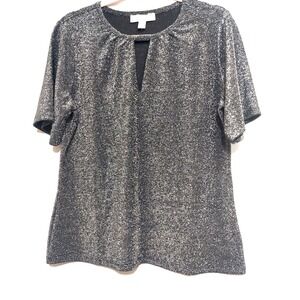Michael Kors Womens Large Blouse Black Silver Metallic Short Sleeves Lightweight
